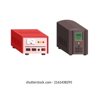 Electical Stabilizer and UPS Battery comparison. voltage stabilizer device object set illustration vector