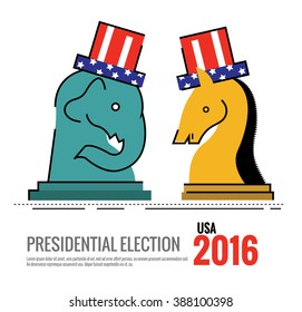 Election 2016 USA concept. the elephant and donkey Chess board game. flat thin line design elements. vector illustration