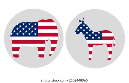 Election 2024 banner set. Vote icon, badge or sign set. American design element. Vector illustration. Republican Elephant Vs Democratic Donkey- Silhouettes