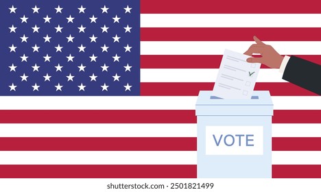 Election 2024 banner. USA 2024 democracy vote. Person insert ballot to ballot box. Presidential election campaign. Flat vector illustration