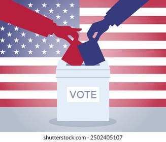 Election 2024 banner. USA 2024 vote. Democrats and republicans insert ballots to ballot box. Presidential election campaign. Flat vector illustration