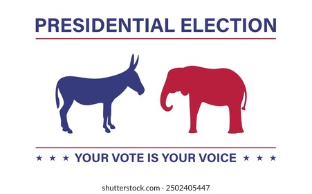 Election 2024 banner. USA 2024 vote. Democrats and republicans animalistic symbols: donkey and elephant. Presidential election campaign. Flat vector illustration