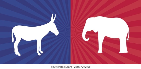 Anuncio de las elecciones de 2024. EEUU 2024 vote. Demócratas y republicanos símbolos animales: burro y elefante. Campaña electoral presidencial. Ilustración vectorial plana