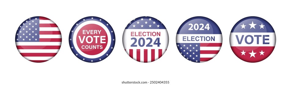 Election 2024 round badges set with USA flag colors. American presidential election pins. Realistic vector illustration collection isolated on white background