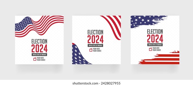 Plantilla de post cuadrado de las elecciones 2024, conjunto de post de medios sociales para el voto presidencial 2024 de Estados Unidos, ilustración vectorial de eps.
