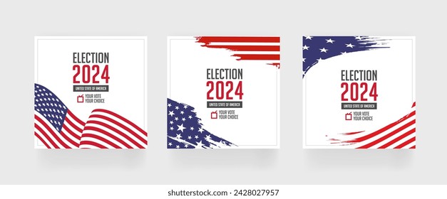 Election 2024 square post template, set of social media post for presidential vote 2024 of United States, eps vector illustration.
