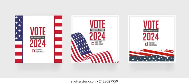 Election 2024 square post template, set of social media post for presidential vote 2024 of United States, eps vector illustration.
