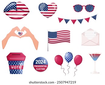 Election 2024 USA elements set. Voting concept. Political campaign objects.