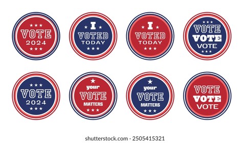 Election 2024. Vote USA. Set of motivation phrases. Voting concept. Round politics stickers. Red and blue colours. 