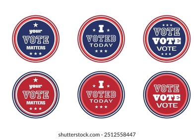 Election 2024. Vote USA. Set of motivation phrases. Voting concept. Round politics stickers. Red and blue colours. 