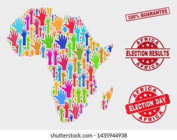 Election Africa map and seals. Red rectangular 100% Guarantee textured seal. Colorful Africa map mosaic of raised up electoral arms. Vector combination for election day, and referendum results.
