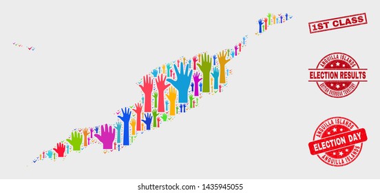 Election Anguilla Islands map and watermarks. Red rectangle 1St Class scratched watermark. Colorful Anguilla Islands map mosaic of raised referendum hands. Vector collage for election day,