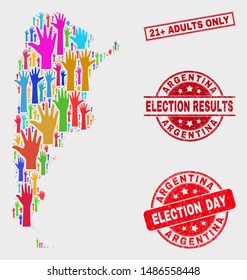 Election Argentina map and seal stamps. Red rectangle 21+ Adults Only scratched seal stamp. Colorful Argentina map mosaic of raised ballot arms. Vector collage for election day,