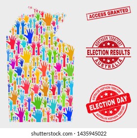 Election Australian Northern Territory map and seal stamps. Red rectangular Access Granted grunge seal. Colorful Australian Northern Territory map mosaic of raised up raising arms.