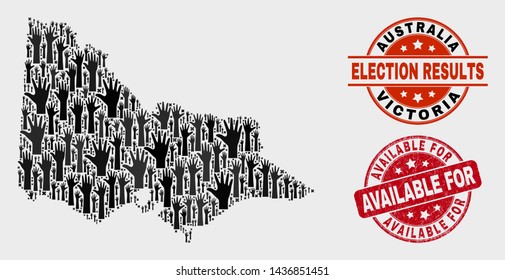 Election Australian Victoria map and seal stamps. Red round Available For textured stamp. Black Australian Victoria map mosaic of raised up help arms. Vector combination for election results,