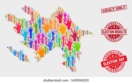 Election Azerbaijan map and seals. Red rectangle Adult Only grunge seal stamp. Bright Azerbaijan map mosaic of raised up electoral arms. Vector combination for election day, and referendum results.