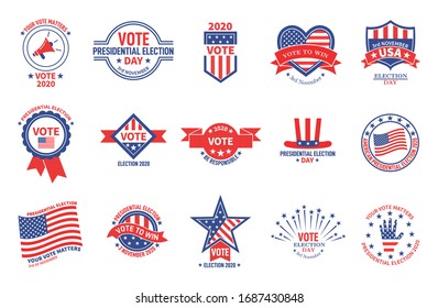 Election badges. Political campaign, usa presidential day vote. American flag patriotic voter stickers. Voting for president vector banners