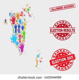 Election Bahrain map and seals. Red rectangular Allowed Access grunge seal. Colored Bahrain map mosaic of upwards solution hands. Vector collage for election day, and referendum results.