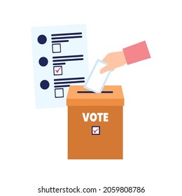 Wahl. Wahlurne, Handwerfer, Wahlzettel. Faire Wahlen, Demokratie. Mysterium der Abstimmung. Stimmzettel mit Markierungen. Vektorflache Illustration, Cartoon-Stil.