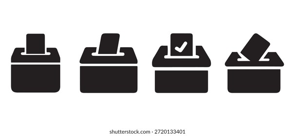 Conjunto de iconos de urna electoral. con papeles de votación y símbolo de marca de verificación.