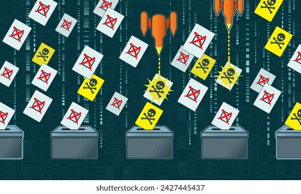 election ballot boxes attacked to switch vote for democracy under threat vote tampering hacking concept illustration