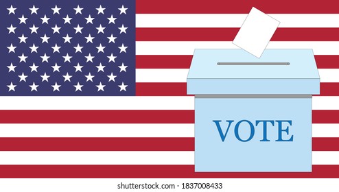 Election Ballot Vote Box In Front Of USA Flag. Illustration. American Presidential Election. Template For All US Elections. 