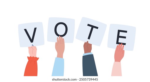 Election banner. Call for votes. Hands hold cards with letters of the word 'vote'. Flat vector illustration