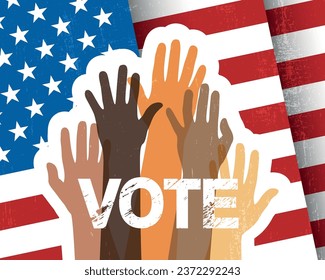 Election banner Vote with american flag and hands. United States of America Presidential Election poster, vector.