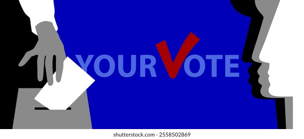 Election billboard or poster in a flat style with a hand putting voting paper in the ballot box, faces of three men of different races and your vote inscription on blue. Vector illustration 