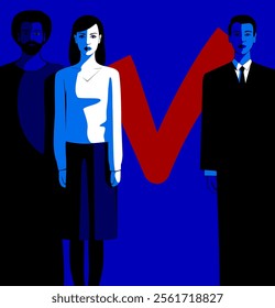 An election billboard or poster in a flat style with an image of a multiracial group of people standing against a large red checkmark on a blue background. Vector illustration 