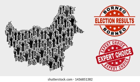 Election Borneo map and watermarks. Red round Expert Choice grunge seal. Black Borneo map mosaic of raised ballot hands. Vector composition for election results, with Expert Choice seal.