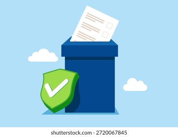 Caja electoral y escudo verde con marca de verificación. Se permite votar en la Unión Europea. Papeletas de papel a la casilla electoral. Concepto de democracia. Ilustración vectorial plana