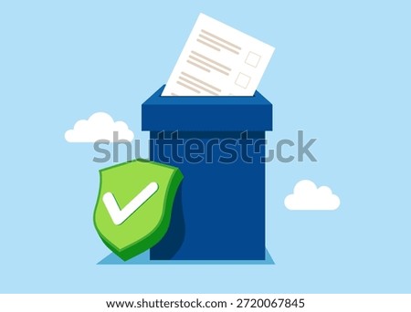 Election box and green shield with check mark. Permitted on voting in European Union. Paper ballots to election box. Democracy concept. Flat vector illustration