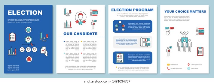 Election brochure template layout. Candidate and voting program. Flyer, booklet, leaflet print design, linear illustrations. Vector page layouts for magazines, annual reports, advertising posters