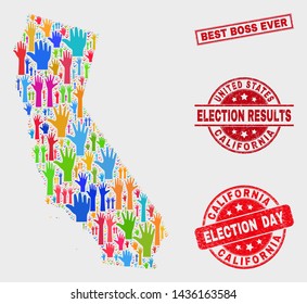 Election California State map and seal stamps. Red rectangular Best Boss Ever distress seal stamp. Bright California State map mosaic of raised vote hands. Vector collage for election day,