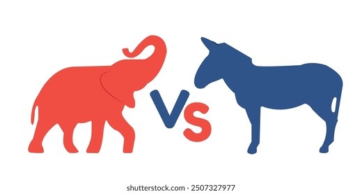 Election campaign. Election 2024 in USA., Flat illustration of parties representing sign. Blue donkey and red elephant as mascots. Vector illustration isolated on white background