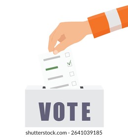 Election campaign concept. Hand throws a ballot into the ballot box isolated on white background. Elections, voting box. Voting, democracy, politics concept. Vector illustration