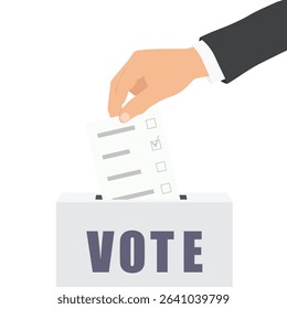 Election campaign concept. Hand throws a ballot into the ballot box isolated on white background. Elections, voting box. Voting, democracy, politics concept. Vector illustration