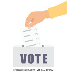 Election campaign concept. Hand throws a ballot into the ballot box isolated on white background. Elections, voting box. Voting, democracy, politics concept. Vector illustration