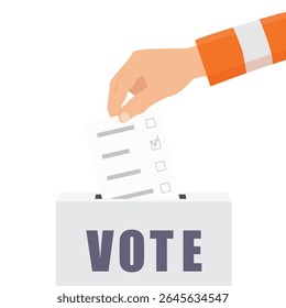Election campaign concept. Hand throws a ballot into the ballot box isolated on white background. Elections, voting box. Voting, democracy, politics concept. Vector illustration