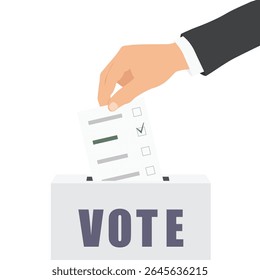 Concepto de campaña electoral. La mano lanza una boleta en la urna aislada en el fondo blanco