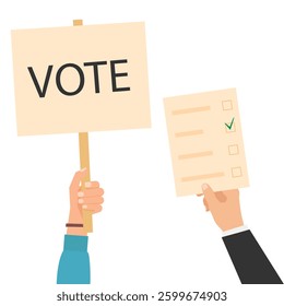 Election campaign concept. Hands raise up with vote ballots isolated on white background. Voting, democracy, politics concept. Vector