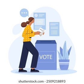 Election campaign concept. Woman chooses politicians for government and casts her vote. Girl voting with ballot box. Freedom of choice and democracy. Flat vector illustration isolated on background