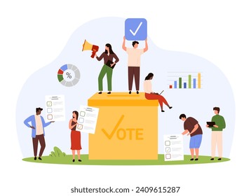 Election campaign, confirmation of choice in referendum. Tiny voters put paper ballots with ticks into vote box, people select for candidate from list or approved idea cartoon vector illustration