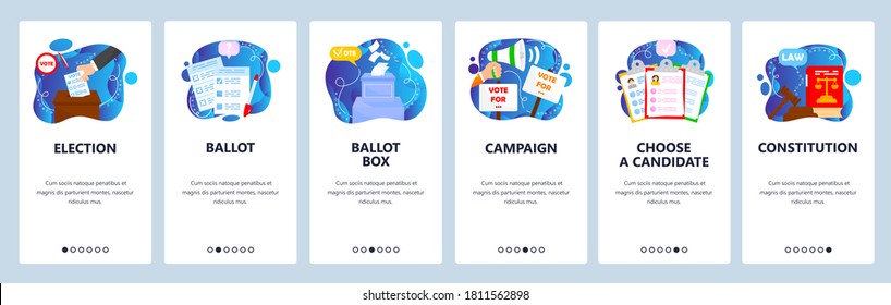 Election Campaign, Constitution Right Of Citizen To Vote, Choose Candidate, Ballot Box. Mobile App Screens. Vector Banner Template For Website And Mobile Development. Web Site Design Illustration.
