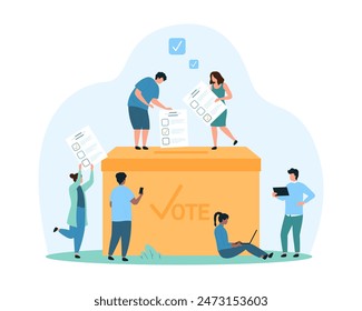 Election campaign, democracy, survey checklist and referendum. Tiny people put ballots in vote box, group of voters holding paper sheets with choice of candidate from list cartoon vector illustration