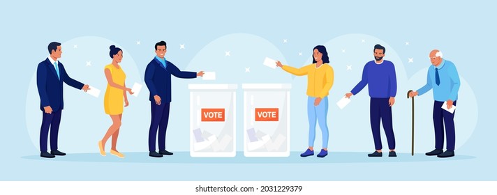 Election campaign. Different voters casting ballots at polling place. People making decision and putting paper ballot in vote box. Idea of democracy and government. Vector illustration