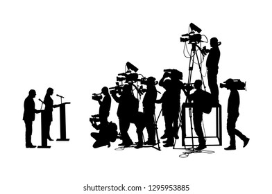 Election campaign duel public speaker, politician woman against opponent vector silhouette.  Meeting ceremony event. Businessman speaking, talking on vote press conference. Cameraman photographer crew