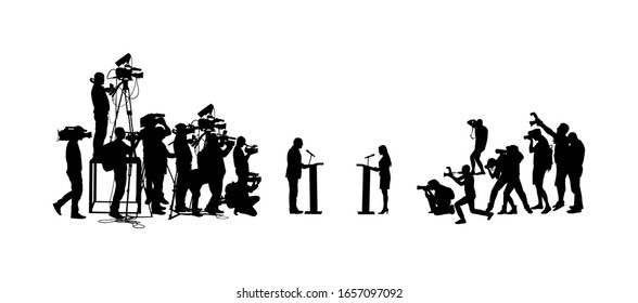 Election campaign duel public speaker, politician woman against opponent vector silhouette.  Meeting ceremony event. Businessman speaking, talking on vote press conference. Cameraman photographer crew