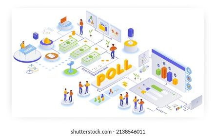 Election campaign fund, finance and expenses, public opinion polling, flat vector isometric illustration. Voter survey.